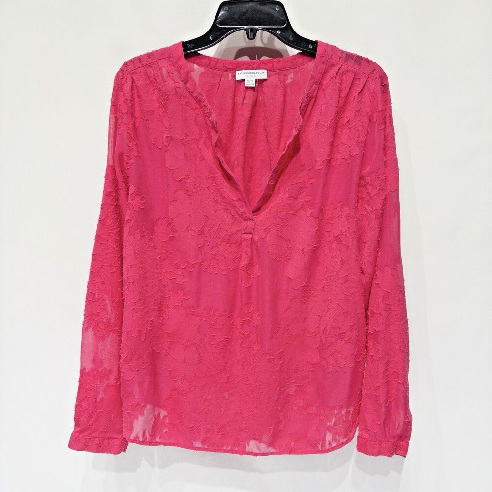 Katherine Barclay Pink Silk Blend Sheer Floral V-Neck Blouse Top Women Size XL
